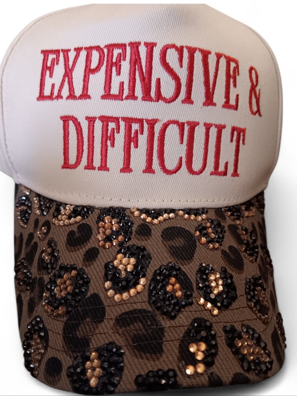 'Expensive & Difficult' White and Brown Sequin Leopard Customized Hat - Picture 4 of 8